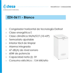 Edesa Congelador Horizontal EZH-0611, Altura 0.84 m, Termostato Ajustable, Fácil Limpieza, Alarma Integrada, Bajo Nivel Sonoro, Gran Capacidad 59 l,