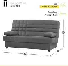 SHIITO - Sofá Cama de 3 Plazas con Arcón Interior - 100 x 193 x 100 cm - Modelo Romeo - con Apertura Clic-Clac - Incluye 2 Cojines - Color Gris Oscuro