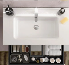 Mueble de Baño BEQUIA Plus Metal 3C 90cm Roble | Lavabo Porcelana Grifo Derecha