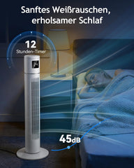 Timiyou Turmventilator 20dB Sehr Leiser für Schlafzimmer & Kühlung mit Fernbedienung | 3 Geschwindigkeitsstufen, 12h Timer, 60° Oszillation,