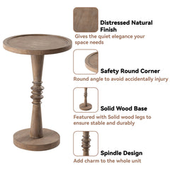 Small Pedestal End Table with Tray Top, Farmhouse Distressed Finish Accent Table