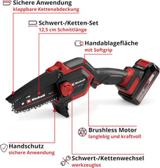 Einhell Akku-Astkettensäge GE-PS 18/15 Li Bag Kit Power X-Change (18 V, Brushless, 12,5 cm Schnittlänge, inkl. 2,5 Ah Akku, Ladegerät, Ersatzkette,