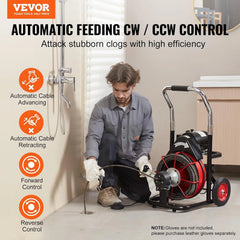 550W Drain Cleaning Machine, 100-Ft. x 1/2-Inch Sewer Snake Auger with 8 Cutters, Wheels and Foot Switch, for 2-4-Inch Pipes