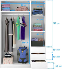 Habitdesign Three Door and Three Drawer Wardrobe Closet, Artic White Finish, Measurements: 121 cm (W) x 180 cm (H) x 52 cm (D)