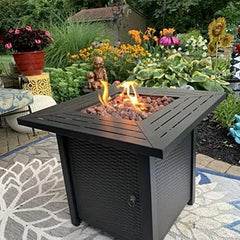 28-inch, 50,000-watt automatic ignition gas fire pit table, CSA-certified, imitation wicker wood material, equipped with a 6.6-pound stone shelf, suitable for gardens/terraces/balconies/backyards.