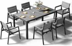 Devoko HDPS Conjunto de jardín de exterior de 7 piezas, resistente a la intemperie,con mesa de 150 cm y 6 sillas de jardín de exterior de aluminio,