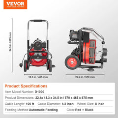 550W Drain Cleaning Machine, 100-Ft. x 1/2-Inch Sewer Snake Auger with 8 Cutters, Wheels and Foot Switch, for 2-4-Inch Pipes