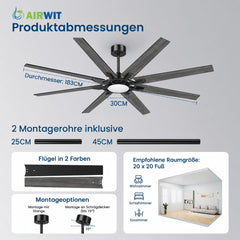 Airwit 183cm Deckenventilator mit Beleuchtung Extra Groß, Verbundholz Outdoor Leise Deckenventilator mit Licht und Fernbedienung, Lampe mit Ventilator