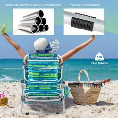 COSTWAY Silla Plegable de Playa, Tumbona con 5 Posiciones, Portavasos, Bolsillos de Almacenamiento, Correas de Hombro, Soporte para Toallas, Almohada,