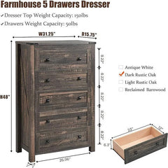 48 Inch Tall Farmhouse Wood Dresser, 5 Drawer Chest of Drawers for Bedroom