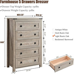48 Inch Tall Farmhouse Wood Dresser, 5 Drawer Chest of Drawers for Bedroom