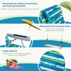 COSTWAY Silla Plegable de Playa, Tumbona con 5 Posiciones, Portavasos, Bolsillos de Almacenamiento, Correas de Hombro, Soporte para Toallas, Almohada,
