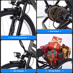 26 Inch Adult 3 Wheel Electric Tricycle with Basket, Fat Tires,7 Speeds,350W Powerful Motor, 36V 10Ah Removable Battery �� Dark Gray