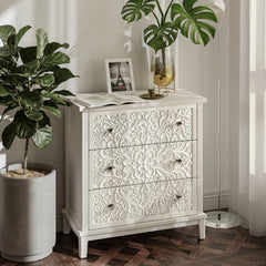 Farmhouse Fully Assembled Nightstand with 2 Drawers, Flower Motif End Table for Small Spaces