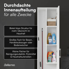 Bellamio Apol Besenschrank - Mehrzweckschrank 40 cm breit Weiß - Vorratsschrank mit Staubsaugerfach - Putzschrank aus Holz - Flurschrank mit Stauraum