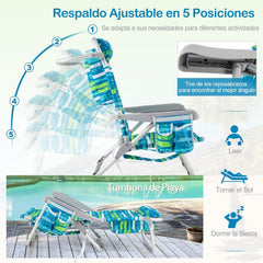 COSTWAY Silla Plegable de Playa, Tumbona con 5 Posiciones, Portavasos, Bolsillos de Almacenamiento, Correas de Hombro, Soporte para Toallas, Almohada,