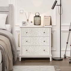 Farmhouse Fully Assembled Nightstand with 2 Drawers, Flower Motif End Table for Small Spaces