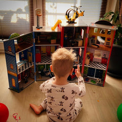 Wooden Kids Play Set, 3-Level Playset with 26 Accessories, Foldable Design for Easy Storage, Indoor Activity Toy