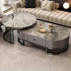 Ovaler Couchtisch aus Stein, 2er-Set, Wohnzimmer-Mitteltisch mit Schublade, Beistelltisch aus Glas, Schwarz/Grau – Grau, (99,9 cm L x 49,9 cm B x 40,6