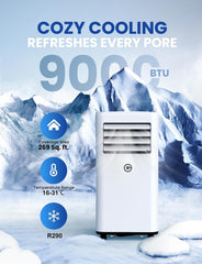 9000 BTU Aire Acondicionado Portátil, 4 en 1: Refrigeración, Ventilador, Deshumidificador y Modo Sueño, Silencioso, con Mando, Temporizador 24h y Kit