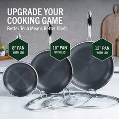 6-Piece Hybrid Stainless Steel Pan Set with Glass Lids, 8-Inch, 10-Inch and 12-Inch, Black