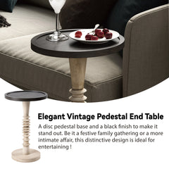 Small Pedestal End Table with Tray Top, Farmhouse Distressed Finish Accent Table