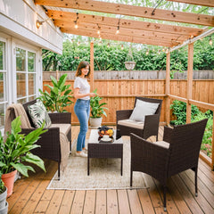 4 Pieces Patio Rattan Chair Wicker, Outdoor Indoor Use Backyard Porch Garden Poolside Balcony Furniture Sets (Red)