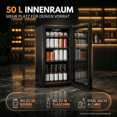 Sommertal Getränkekühlschrank 50L – Mini Kühlschrank schwarz mit Glastür, Touchscreen & LED | Kleiner Flaschenkühlschrank abschließbar & leise für