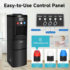 3-in-1 Hot & Cold Water Cooler with Built-in Ice Maker – Top Loading for 3-5 Gallon Bottles, Child Safety Lock, Black