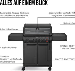 Enders Gasgrill Monroe Pro 4 SIKR Turbo Shadow inkl. Seargrate, 4-Brenner, mit Kocher, Infrarot-Heckbrenner, PanoVision Sichtfenster, Gussrost,