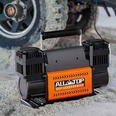 Air compressor kit, dual cylinder, 12-volt portable inflator, 12.35 cubic feet per minute, suitable for truck tires for off-road use, heavy-duty Max 150 pounds per square inch, suitable for four-wheel drive vehicles and campers.