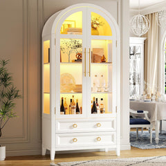 LVSOMT Gewölbte Glasvitrine mit LED Beleuchtung, 180cm Vitrinenschrank mit Glastüren, Bogen Vitrine mit 4 Display Regale und 2 Schubladen, 3 Farbe