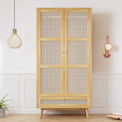 Soweiz Armario con barra, armario de 2 puertas, dormitorio, red de ratán, sala de estar, con tapa inferior abatible, tableros de partículas+ratán de