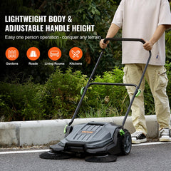 Walk-Behind Hand Push Floor Sweeper, 5-Gallon Waste Container, Manual Outdoor Sweeping Machine