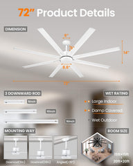 183cm Extra Grande 8 Aspas de Aluminio Ventilador de Techo con Luz y Mando, Silencioso Lampara Ventilador Techo con Reversible Motor DC para Exterior