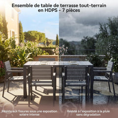 Devoko HDPS Conjunto de jardín de exterior de 7 piezas, resistente a la intemperie,con mesa de 150 cm y 6 sillas de jardín de exterior de aluminio,