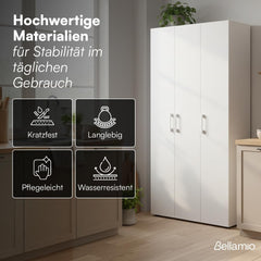 Bellamio Apol Mehrzweckschrank Weiß – Besenschrank 90 cm breit mit Stauraum – Putzschrank mit Staubsaugerfach – Vorratsschrank Küche - Aktenschrank
