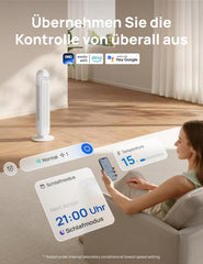 Dreo Smart 20dB Leiser Turmventilator, 10 m Wurfweite 4 Geschwindigstufen 4 Modi 8 Std. Timer 90° oszillierende Ventilator mit Kühlung WLAN &