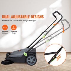 Walk-Behind Hand Push Floor Sweeper, 5-Gallon Waste Container, Manual Outdoor Sweeping Machine