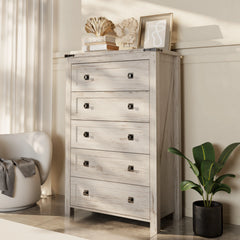 48 Inch Tall Farmhouse Wood Dresser, 5 Drawer Chest of Drawers for Bedroom