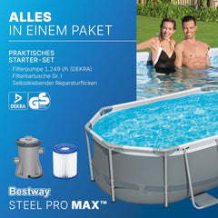 Bestway Power Steel Frame Pool Set mit Filterpumpe 305 x 200 x 84 cm, grau, oval