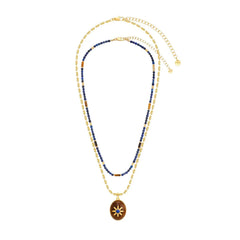 Caivera Gold Plated Brass Double Layer Necklace Set – Blue Beads and Brown Wood Pendant