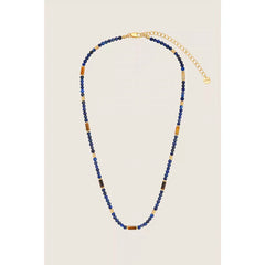 Caivera Gold Plated Brass Double Layer Necklace Set – Blue Beads and Brown Wood Pendant
