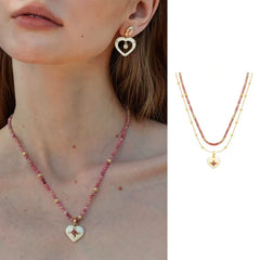 Caivera Gold Plated Brass Double Layer Heart Necklace – Pink Beads, 16 inch + 3 inch Extender