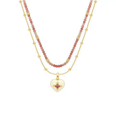 Caivera Gold Plated Brass Double Layer Heart Necklace – Pink Beads, 16 inch + 3 inch Extender