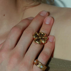 Caivera Gold Plated Brass Ring Set – Clover Ring and Cuff Ring