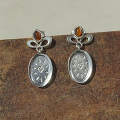 Caivera Silver Plated Brass Oval Drop Earrings – Engraved Medal, 0.8 x 0.4 inch