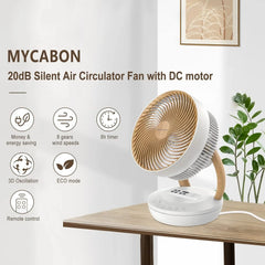 MYCARBON Ventilator sehr leise DC Motor 20dB 1850m³/h Luftmenge 8 Stufe ECO Modi Tischventilator 3D Luftumwälzer für 30m² Schlafzimmer Turbo