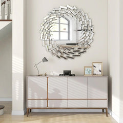 Round Sunburst Wall Mirror, Decorative Accent Mirror for Living Room, Bedroom and Entryway Home Decor