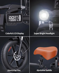 1000W Electric Bike for Adults, 48V 15Ah Removable Battery, 20-Inch x 4.0-Inch Fat Tires